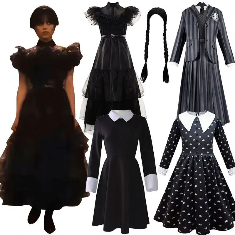 Halloween Vintage negro gótico niños fantasía niños Pascua carnaval miércoles Addams Cosplay disfraz para niñas vestido