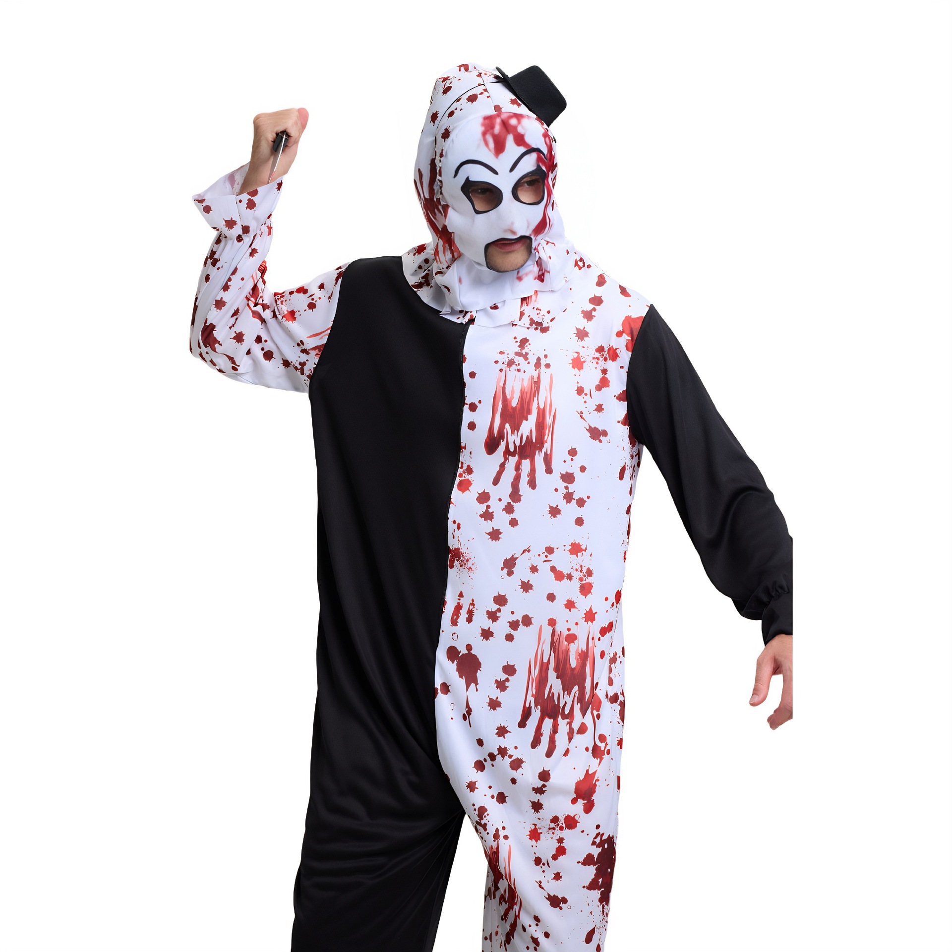 Blood-red clown 4-piece set-clothes-hat-mask-knife