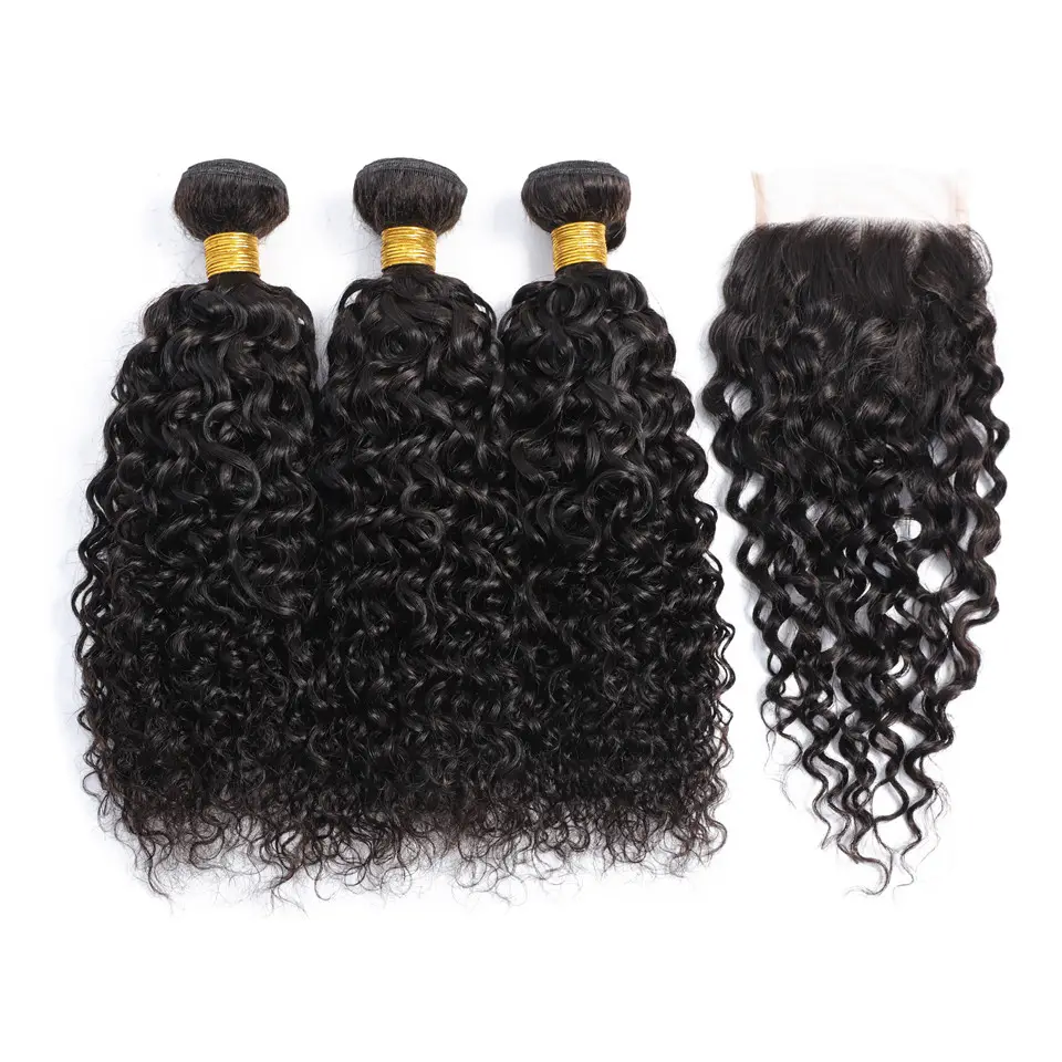 Afro Jerry Krullen Menselijk Haar, 100% Peruaanse Virgin Hair Lace Haar Weave 100% Peruaanse Sluiting, 6a Grade Water Wave Virgin Peruaanse