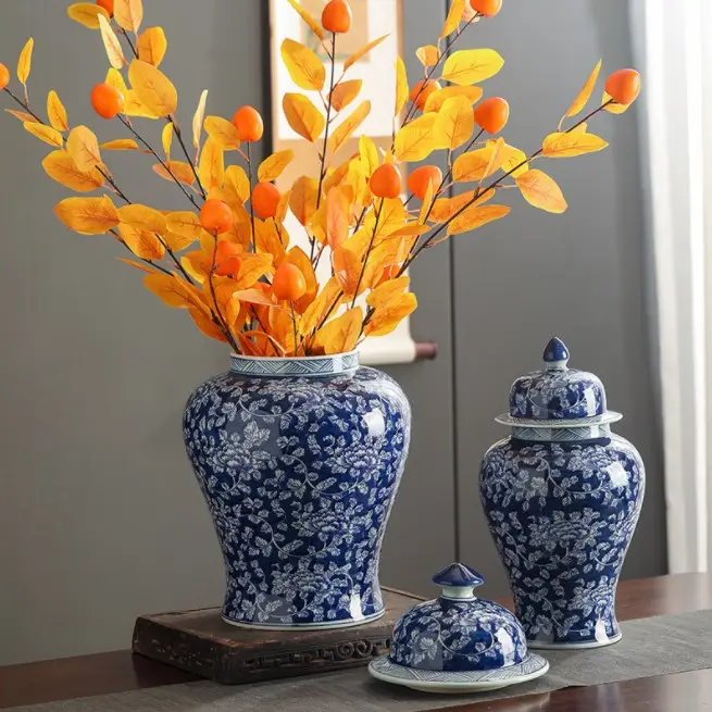 Jingdezhen नीले और सफेद फूल चित्रित ईसाई घर सजावट jarra cermica आधुनिक फैशनेबल अदरक जार फूलदान