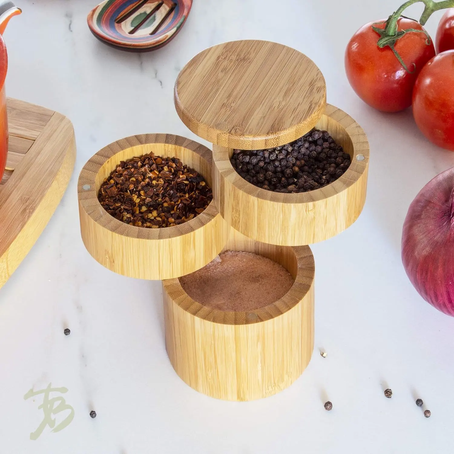 Оптовая продажа, 3-уровневый бамбуковый кухонный ящик для хранения соли и перца с магнитными поворотными крышками, контейнер для хранения специй