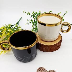 Set OfEnamel <strong>Cups</strong> <strong>2</strong> White Blue Embossed Pattern Glossy Glaze Round Shape <strong>Golden</strong> Electroplate Luxury Ceramic Milk Coffee Mug