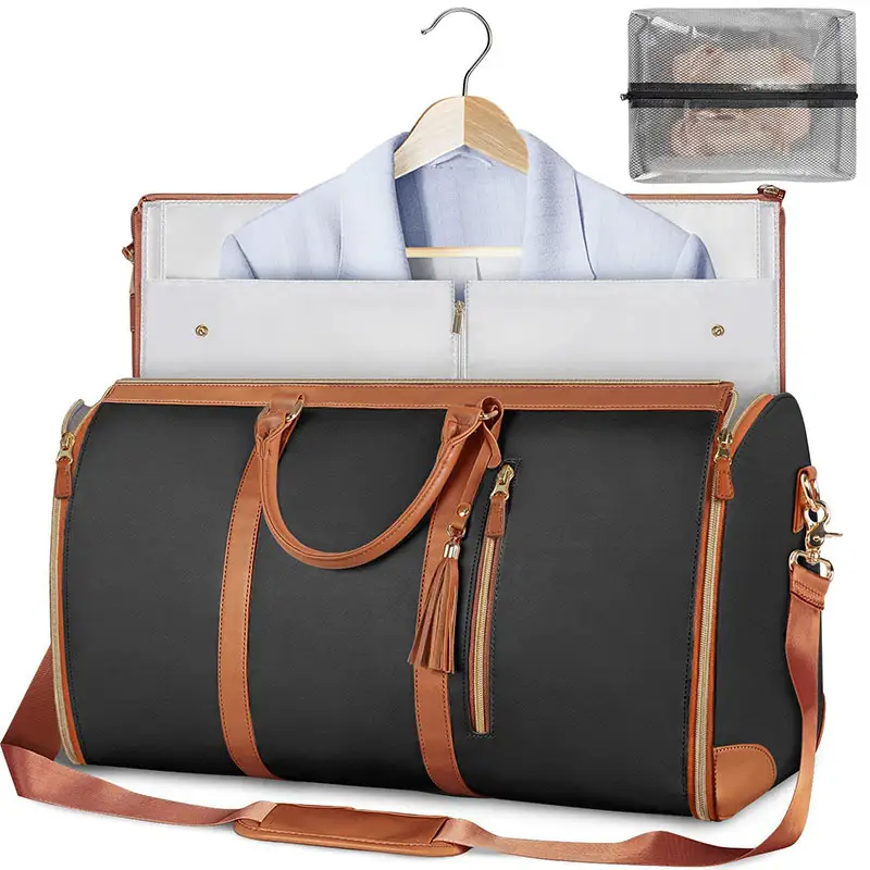 High Quality Large Women's Fashion PU Leather Hanging Weekender Bag 2 In 1 Convertible Foldable Travel Duffel Garment Bag