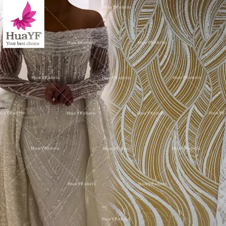 HY2375 حار بيع الفرنسية الثقيلة مطرز الدانتيل الأنيق فستان الزفاف المواد كامل الأبيض موضوع الترتر النسيج