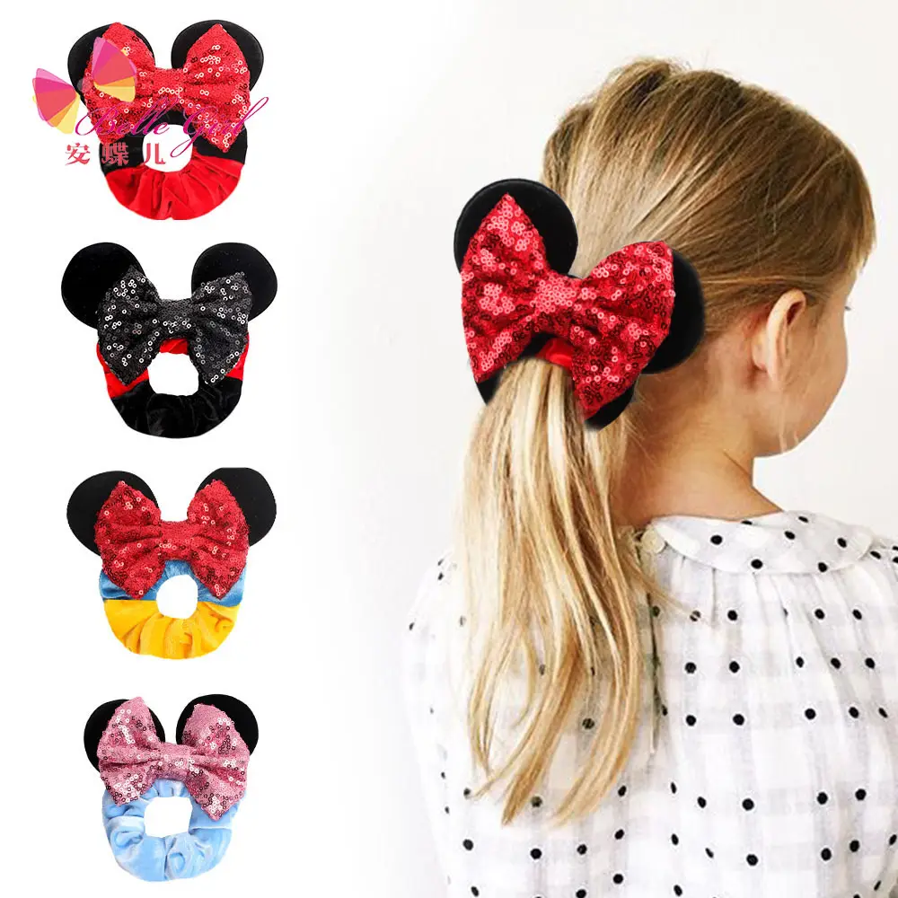 BELLEWORLD-accesorios para el cabello de 27 colores para niña, lazo de lentejuelas con orejas de ratón, lazo elástico para el pelo, Scrunchie de terciopelo