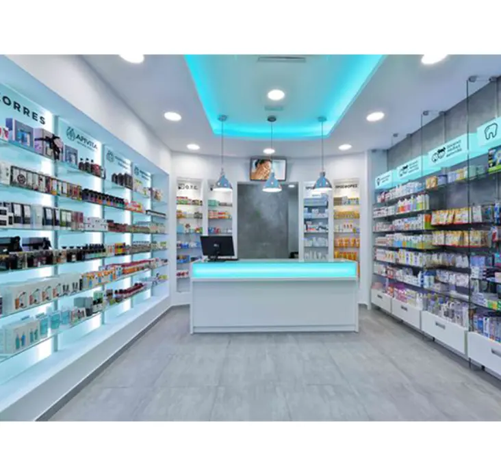 Eco friendly wholesale bespoke pharmacy display showcase for farmacy retail shop interior design