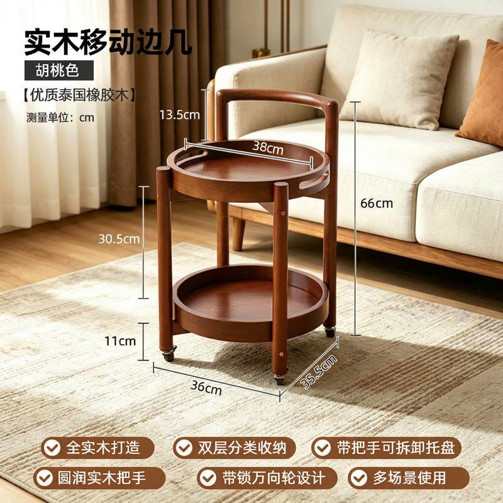 Movable double-layer side table (tray removable) Walnut color