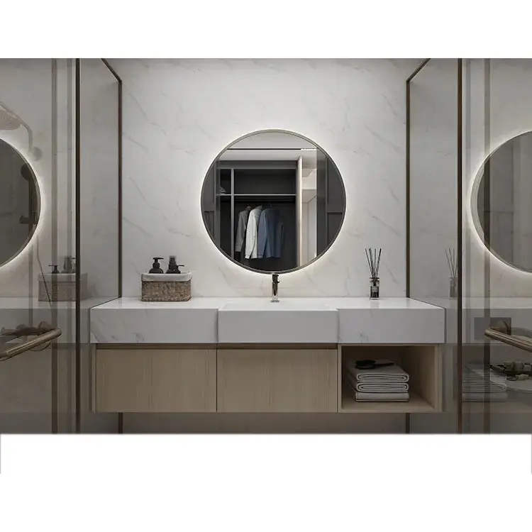 Tocador de baño de madera de roble montado en la pared, moderno armario flotante marrón para hoteles, proyecto de apartamento hecho a medida