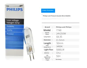 フィリップス7748 XHP 24V 250Wハロゲンプロジェクターランプ<span class=keywords><strong>G6.35</strong></span>ベース高輝度電球OEMガラス光源AVシステム用 - Product Image 1