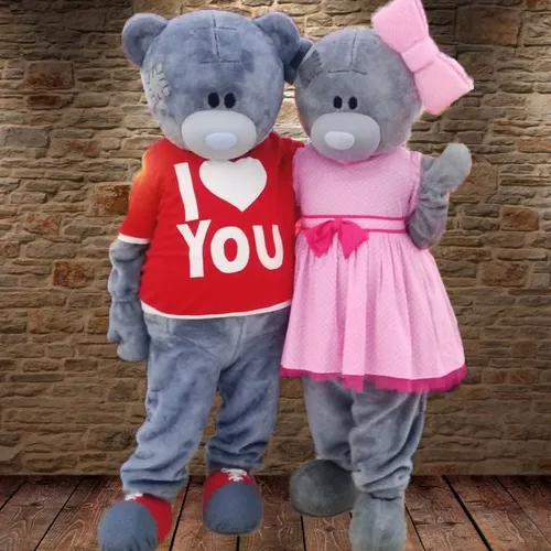 Casal de urso de pelúcia mascote fantasia, conjunto de traje de festa, roupas, promoção de arte, carnaval, halloween