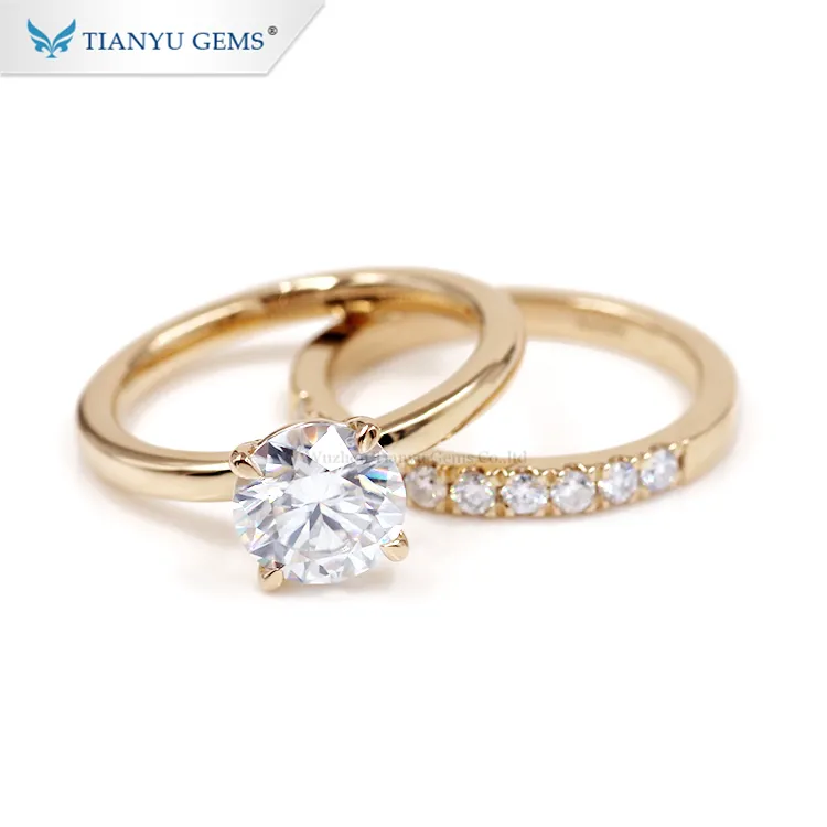 Round Wedding Ring Tianyu Fine Jewelry Custom 585 750 Real Solid Yellow Gold Mossanite Wedding Solitaire Moissanite Engagement Ring Set For Women