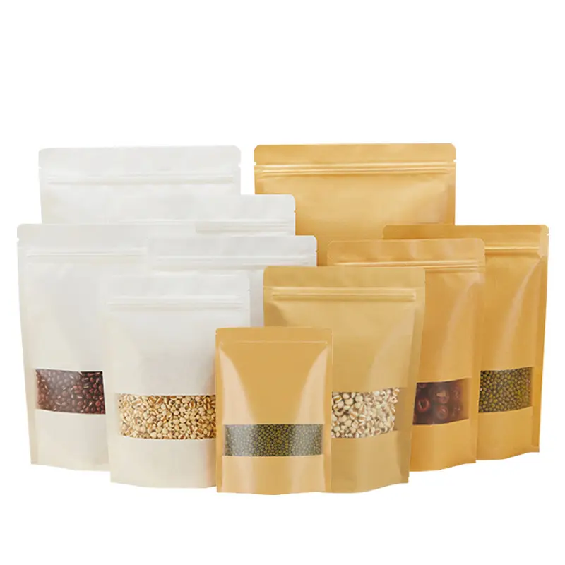 Brown Ziplock kraft e White Kraft Craft Paper Standing Up Pouches sacchetti con cerniera per imballaggio alimentare con finestra
