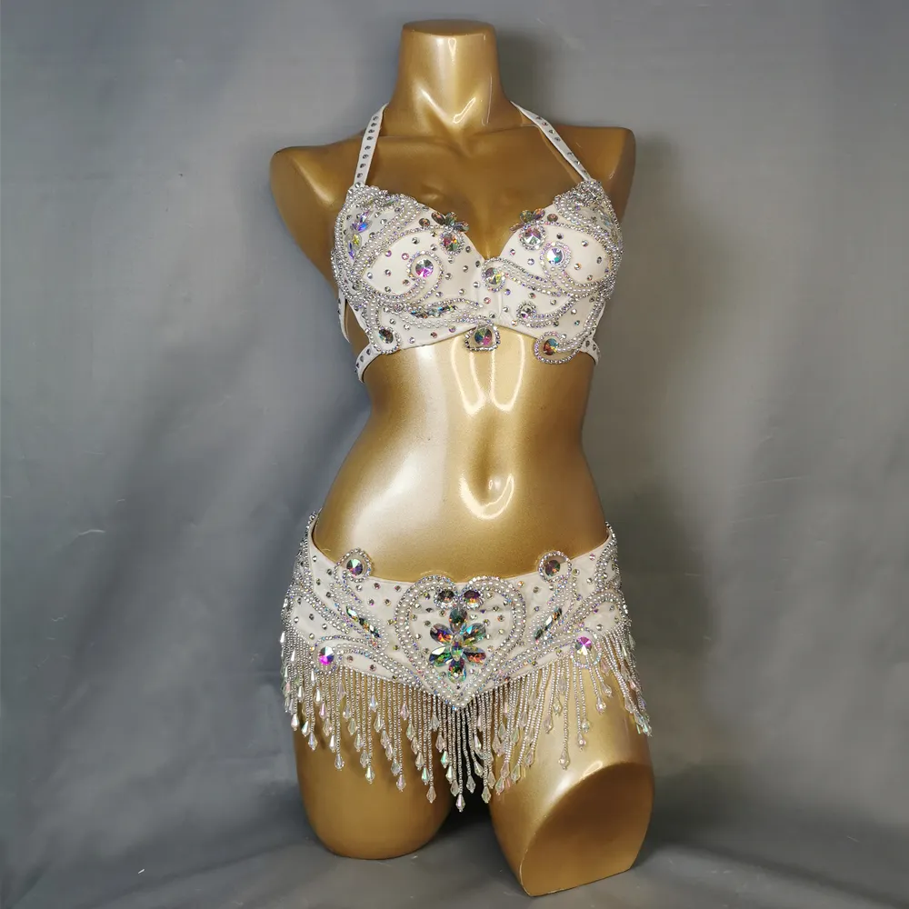 Sıcak satış kadın boncuklu kristal göbek dans kostümü giymek sutyen kemer 2 adet Set elbise oryantal dans karnaval seksi Bellydancing kostümleri