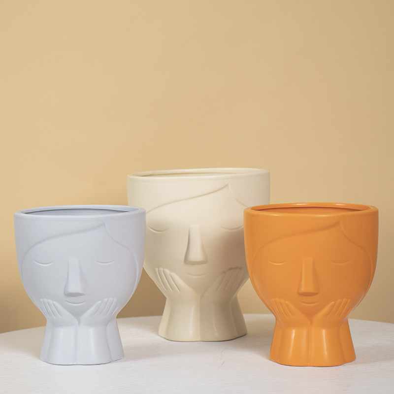 Wholesale Cactus Succulent ceramic Plant Pots Indoor Decorations Smiley Face Flower Pot Head