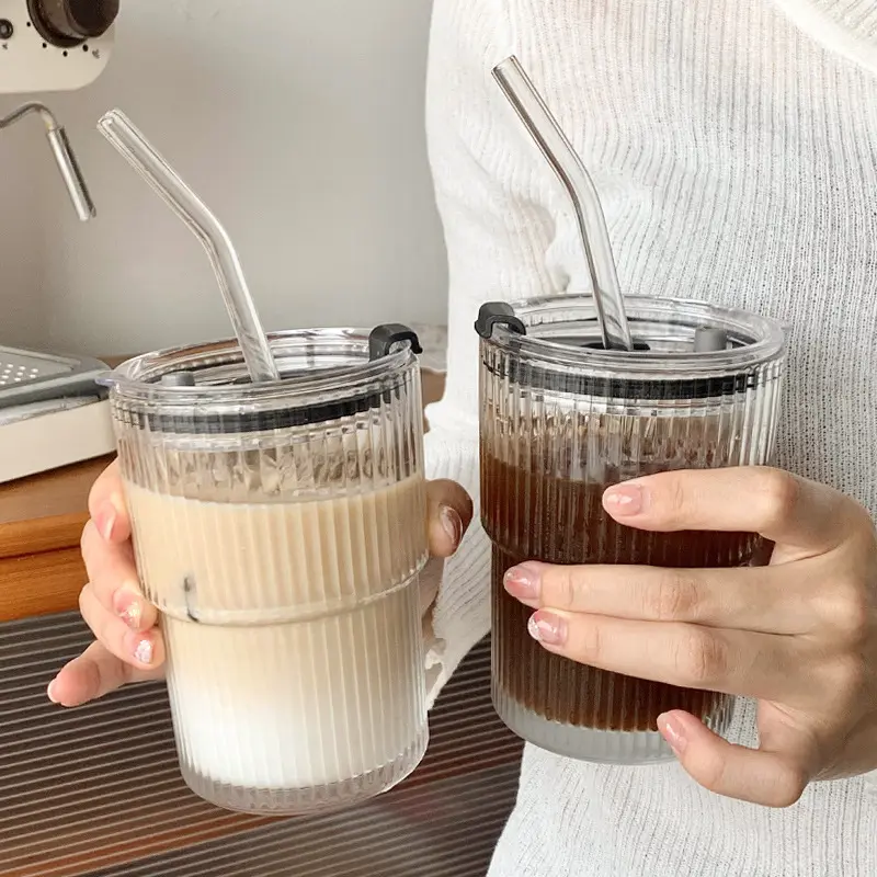 450ml Simple Stripe Mocha Coffee Tea Cup Juice Milk Breakfast Mug Glass Cup With Lid and Straw