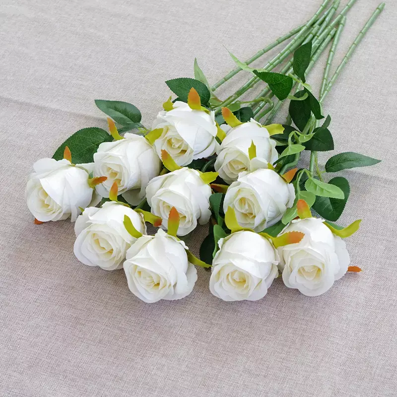 Flores de seda artificiales de tallo largo, rosas blancas, rosas de Navidad, venta al por mayor