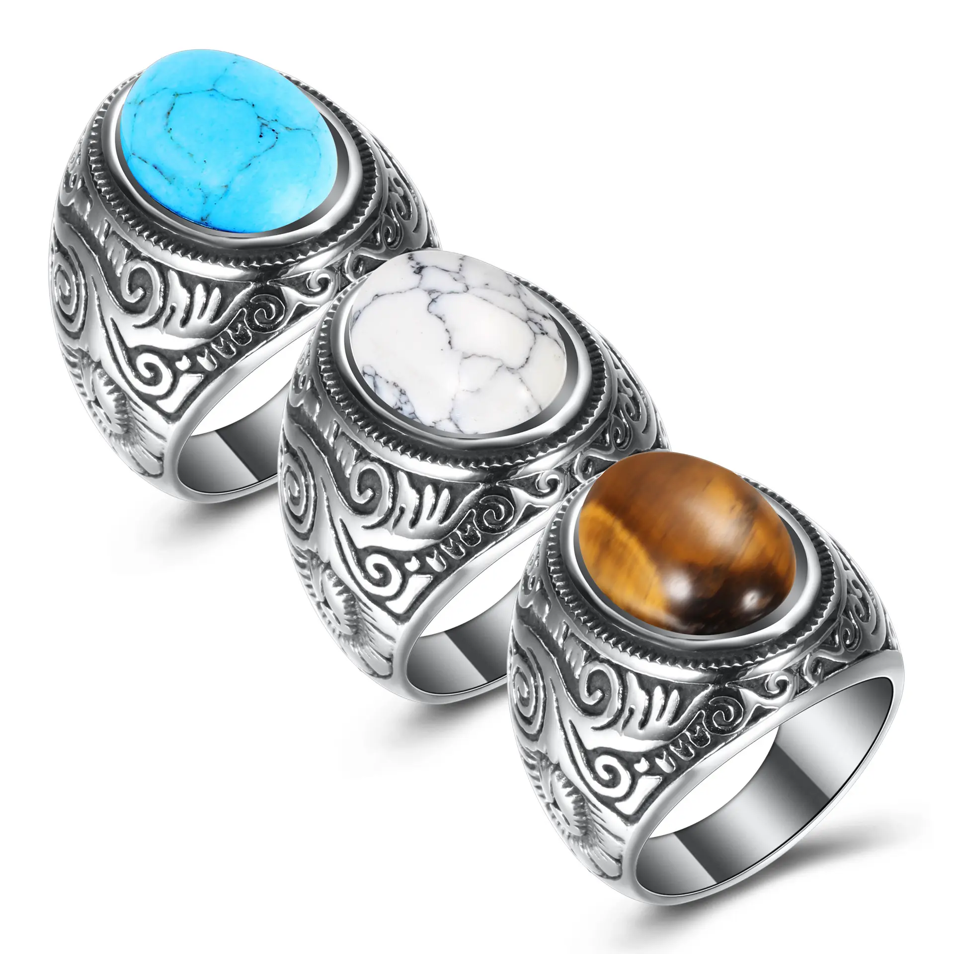 Duyizhao Persoonlijkheid Europese En Amerikaanse Roestvrij Staal Houtnerf Turquoise Ring Mode Sieraden Voor Mannen Dagelijks Dragen