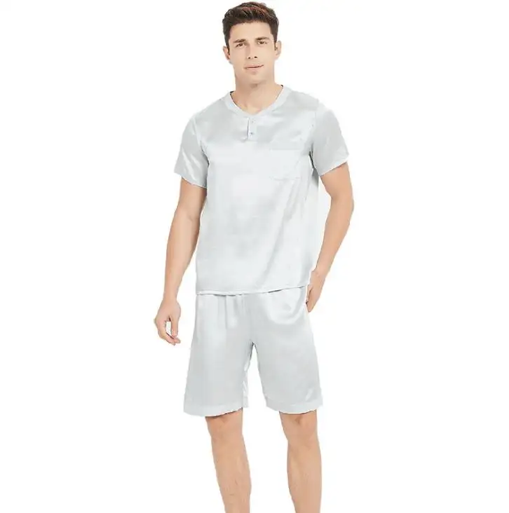 Pijama de verano para hombre, 100% seda satinada, cómodo y lavable, manga corta, venta al por mayor
