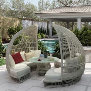 2-Piece Bird Nest Designer Lounge <span class=keywords><strong>Set</strong></span> para Restaurante Wicker Round Aluminium Daybed Com Canopy Sala Jardim Outdoor Use