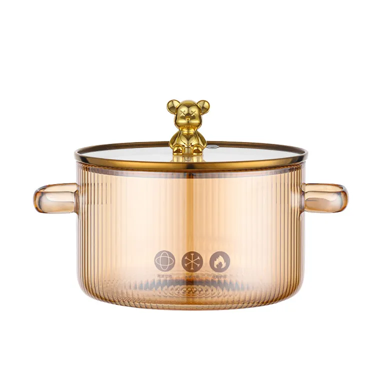 Utensilios de cocina para el hogar Olla de cocina de vidrio de borosilicato alto resistente al calor transparente con decoración de oso