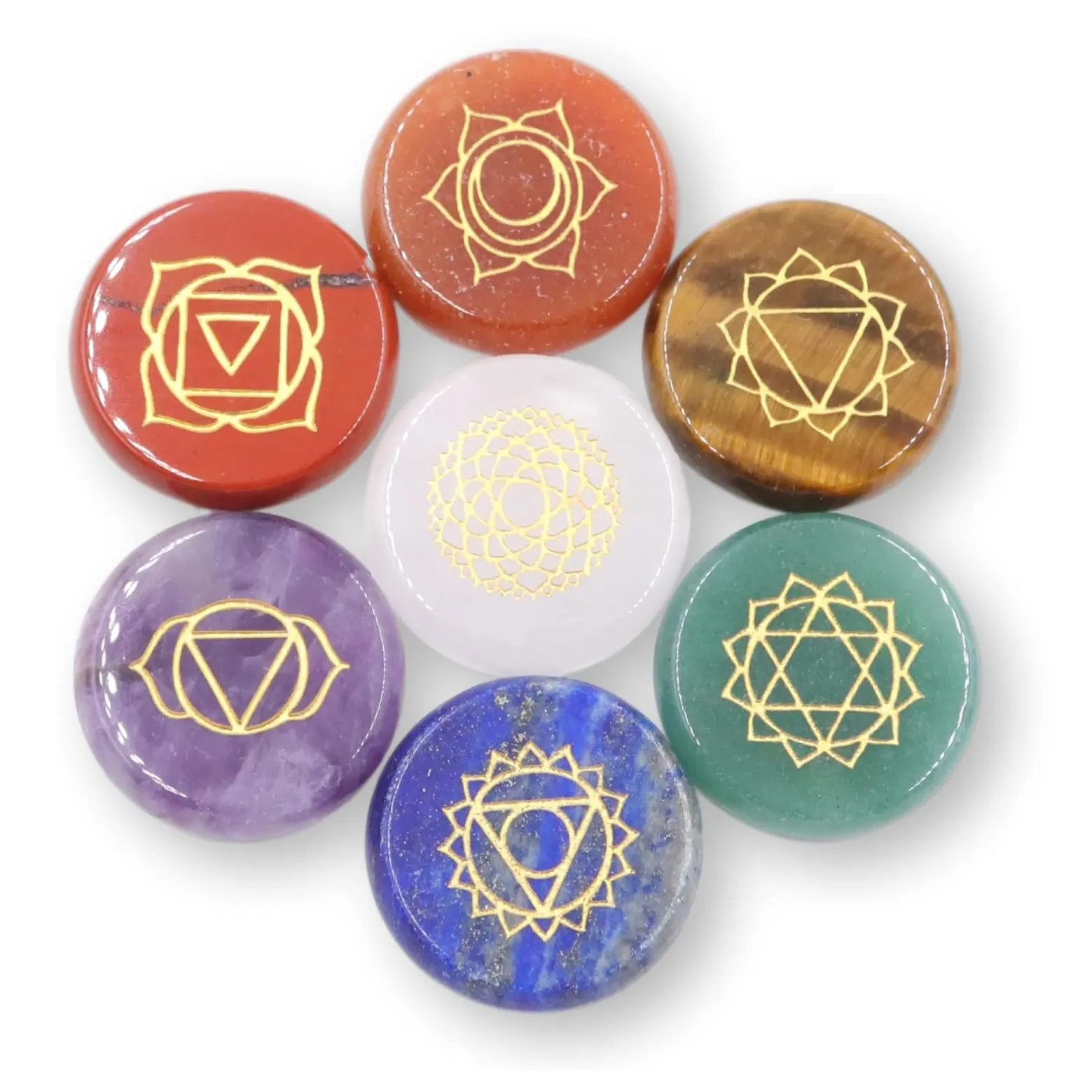 7 pierres de cristal Chakra pierres précieuses dégringolées avec des symboles Reiki sept pierres de Chakra guérison Feng Shui Wicca artisanat ensemble