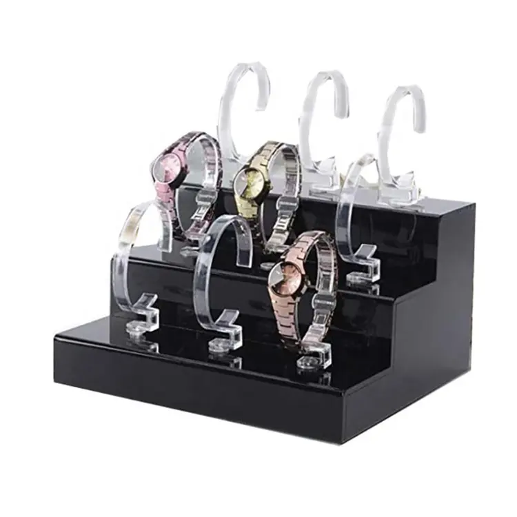 Soporte de exhibición de reloj acrílico negro, tres niveles, joyería, relojes de pulsera, con soportes en forma de C