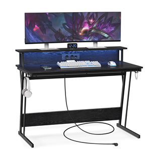 VASAGLE-Mesa RGB con superficie de fibra para juegos, escritorio con ganchos, mesa de juegos con tira de alimentación integrada - Product Image 3