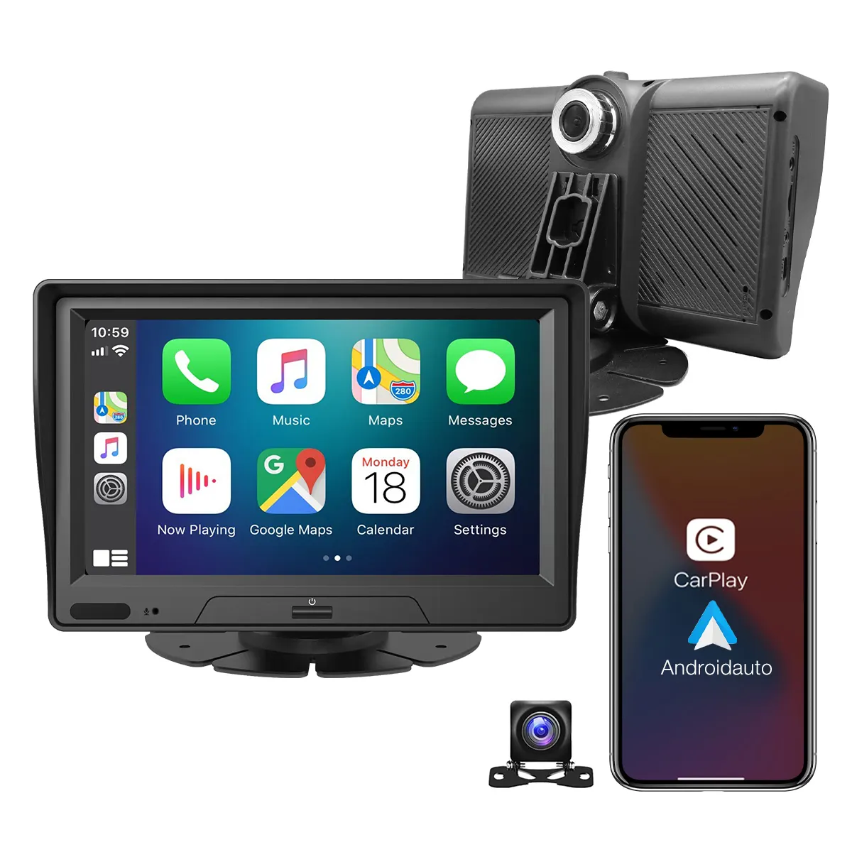 Carplay and Android Auto, 7'' IPS Touchscreen Multimedia Player with FM BT, SiriusXM, Google, Assistant Dashcam