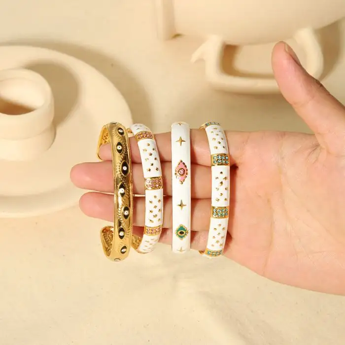 Vintage Zwart En Wit Manchet Oogarmbanden 18K Vergulde Roestvrijstalen Gladde Druppel Oliekristal Armband Voor Dames