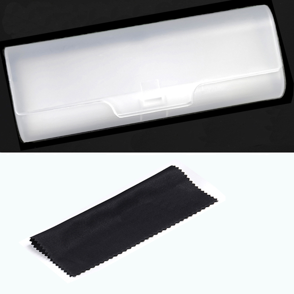 Estuche transparente para gafas de lectura con paño de limpieza.