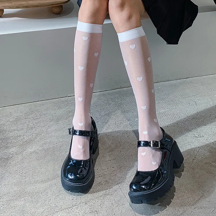 Summer Thin Mesh Gift Preppy Style Lolita Breathable jacquard Heart Patterned Calf High Pop Socks stocking