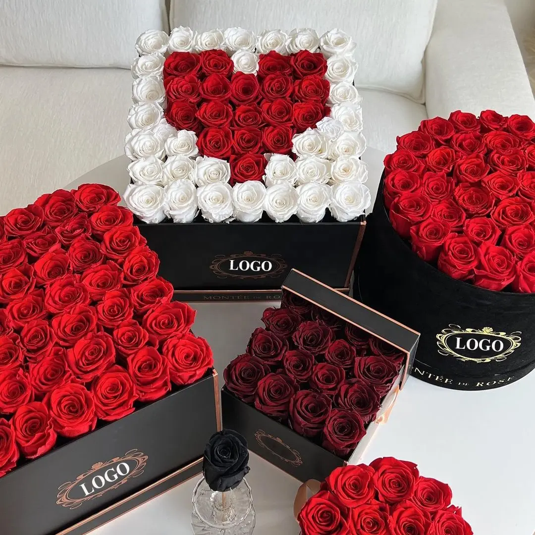 MC1 Fleur éternelle décorative 2024 Cadeau de Saint Valentin Stabilisé Infini Immortel Roses préservées pour toujours dans une boîte ronde carrée