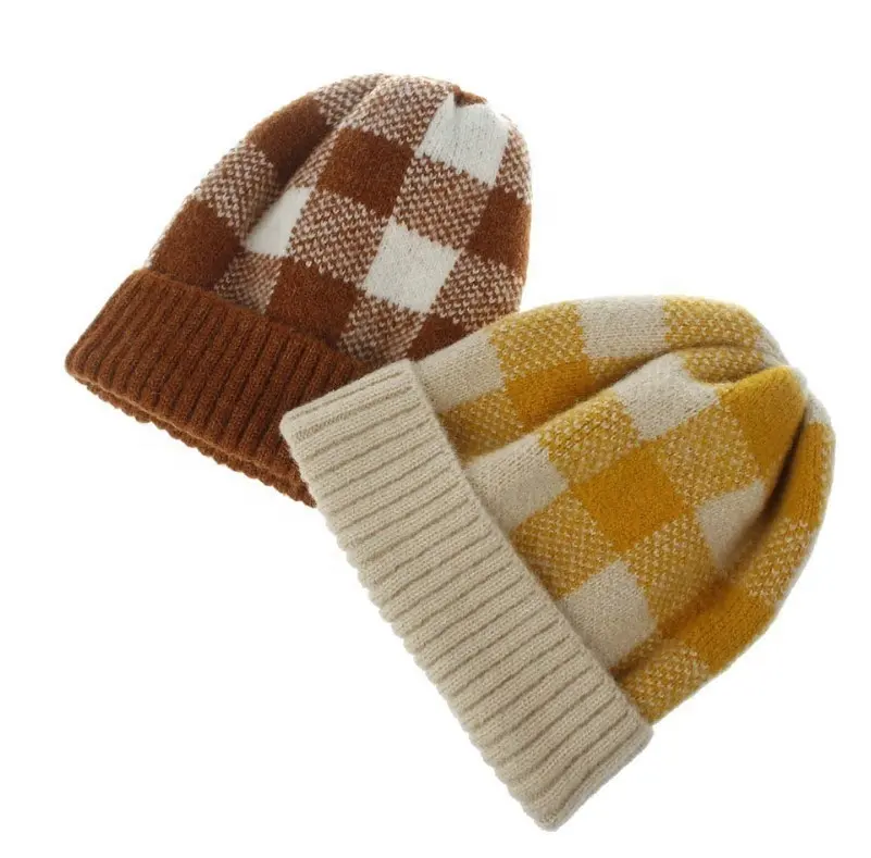 Chapéu xadrez de malha duas cores para adultos, venda por atacado, chapéu quente de lã