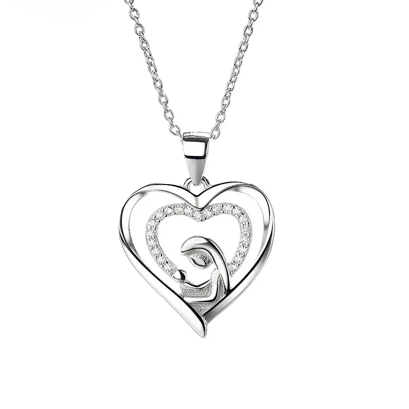 GP46 Meaningful Mom Gift Mother Hold Her Baby Son Daughter Child 925 Sterling Silver Family Necklace Double Heart Pendant