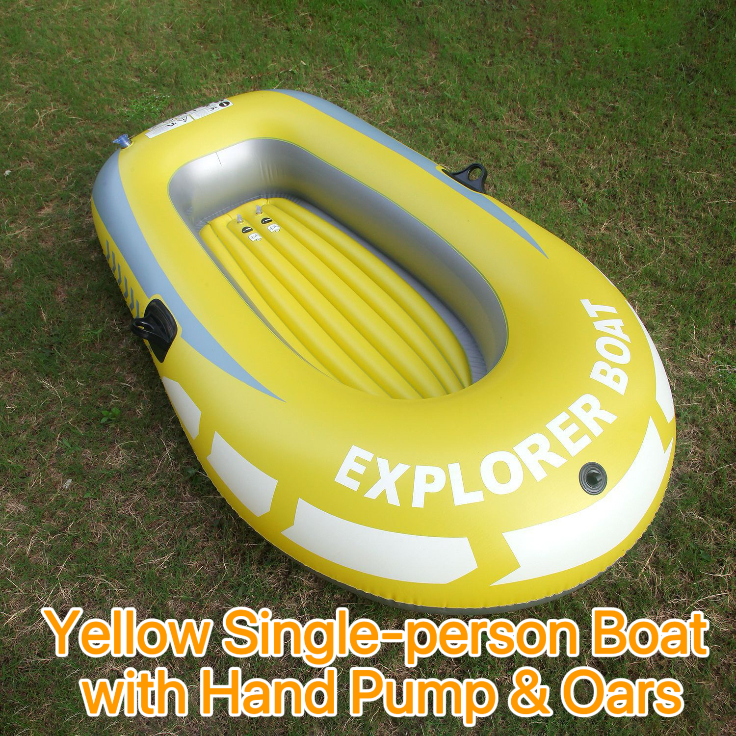 Yellow single person boat with hand pump and oars