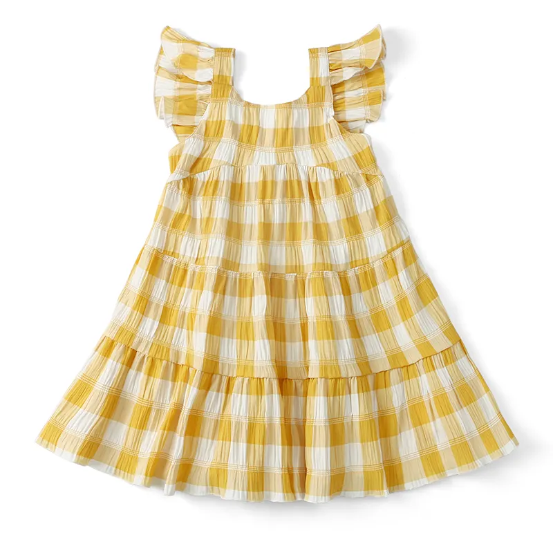 Toptan çocuk yaz pamuk katı renk kolsuz Ruffles törenlerinde A-Line yeni tasarım bebek kız parti elbise