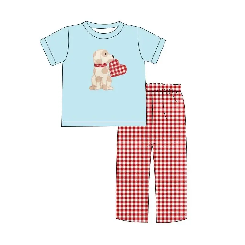 2024 boutique personalizado crianças primavera roupa criança bordado cachorro coração roupa menina smocked roupas conjunto valentine