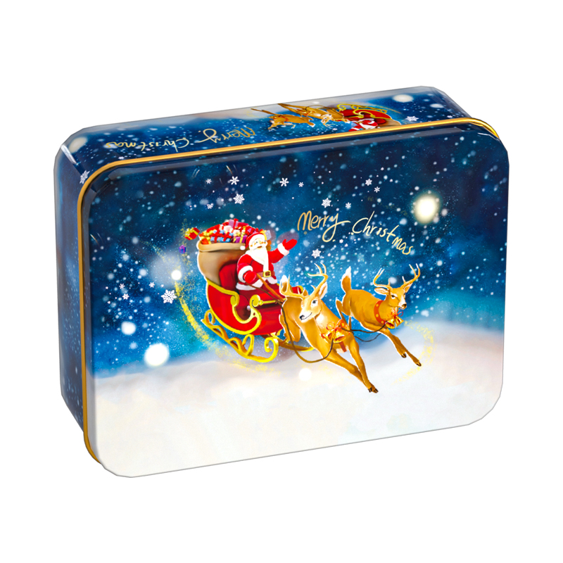 E Blue tin with Santa Claus riding an elk