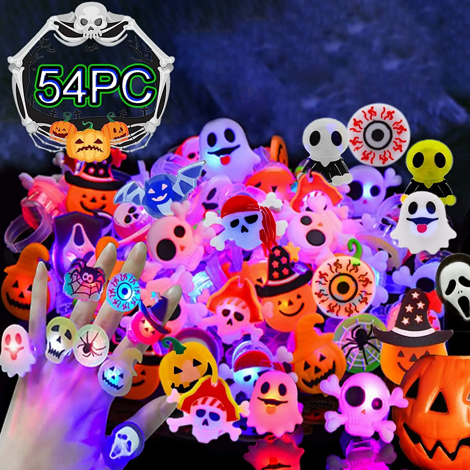 Nicro Mainan Jeli Lembut, 12 Buah Berkedip Karet Bercahaya Cincin Jari Labu Halloween Cincin Led Perlengkapan Pesta Halloween