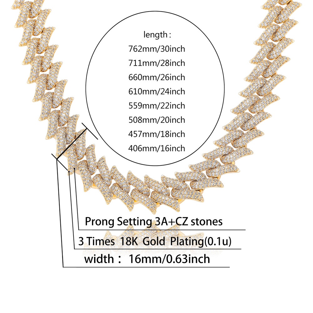 Chaîne cubaine en forme de diamant doré de 16 mm