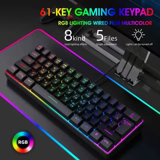 Y-FRUITFUL K401 keyboard game berkabel 61 tombol ABS, keyboard komputer nuansa mekanis