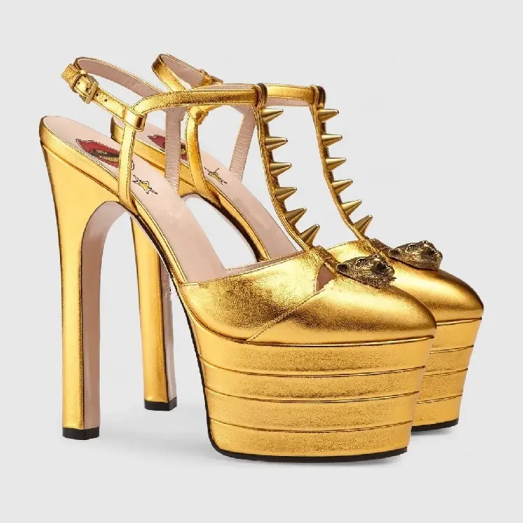 Moda büyük boy altın kırmızı 16cm yüksek topuklu sivri burun seksi parti tıknaz Platform sandaletler ayakkabı kadın giymek