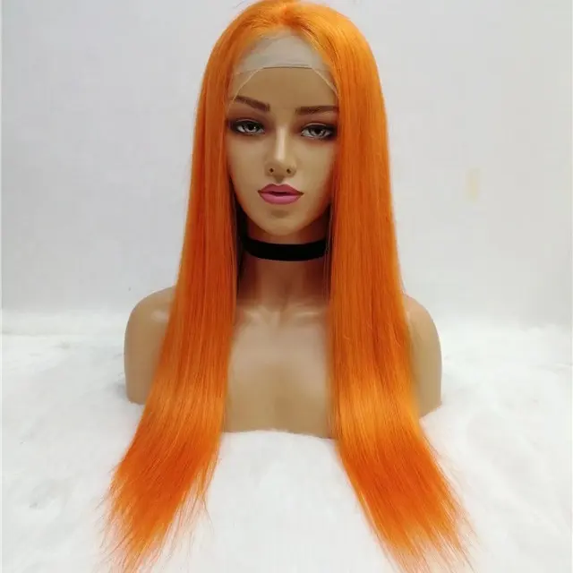 Peruca de cabelo longo de seda, barato raw indiano 12a osso virgem reta cabelo longo transparente renda hd cor combinada brilhante vermelho laranja peruca