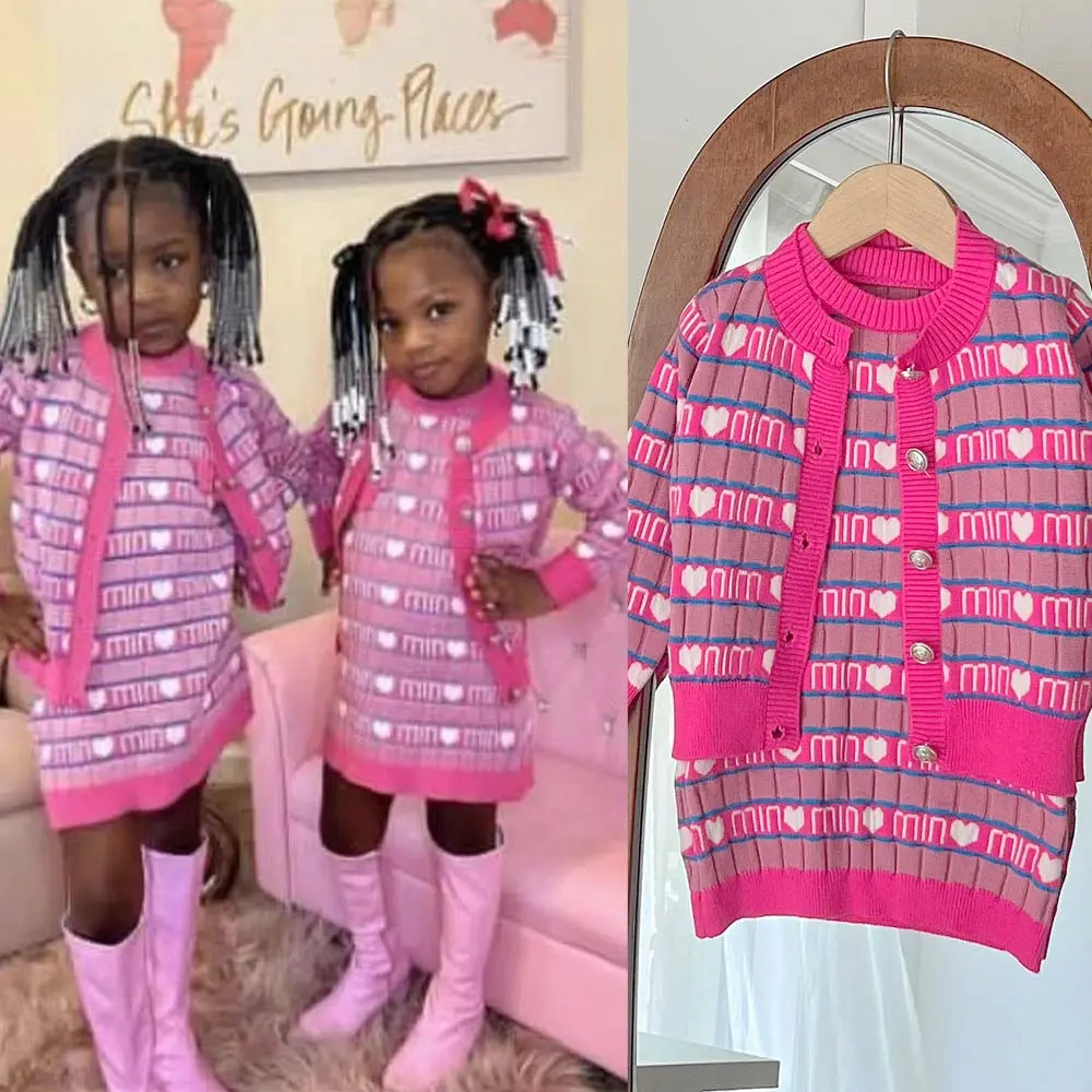 2023 vêtements pour enfants luxe hiver pull tricoté enfants Rose rouge Cardigan tricoté manteau robe 2 pièces bébé fille robe pull