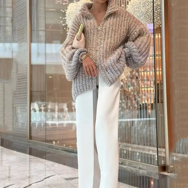 2023 autunno nuovo arrivo maglione oversize con cappuccio maglione cardigan bling bling stres maglia da donna
