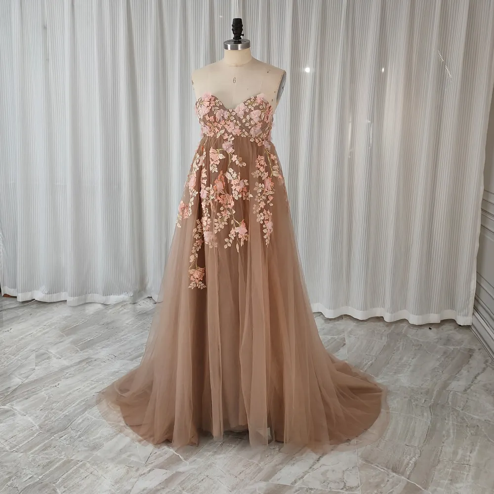 Coffee Colored Strapless Tulle Flower Maternity Photo Shoot Dress for Wedding Baby Shower Pregnancy Gown Evening Dresses 2024