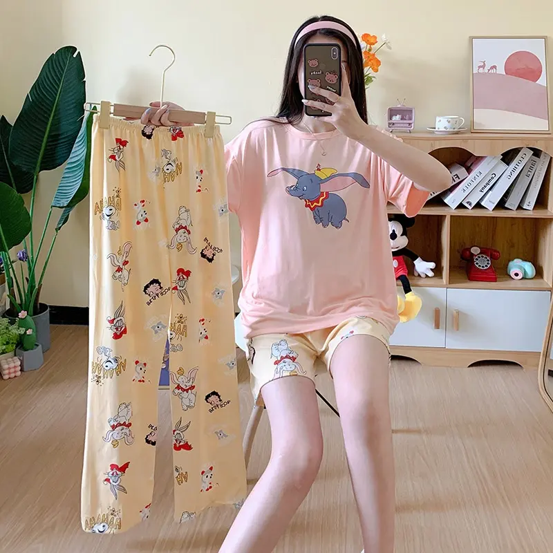 Conjunto de 3 piezas de pijama de seda de leche para mujer, ropa de dormir con dibujos animados, estilo coreano, venta al por mayor