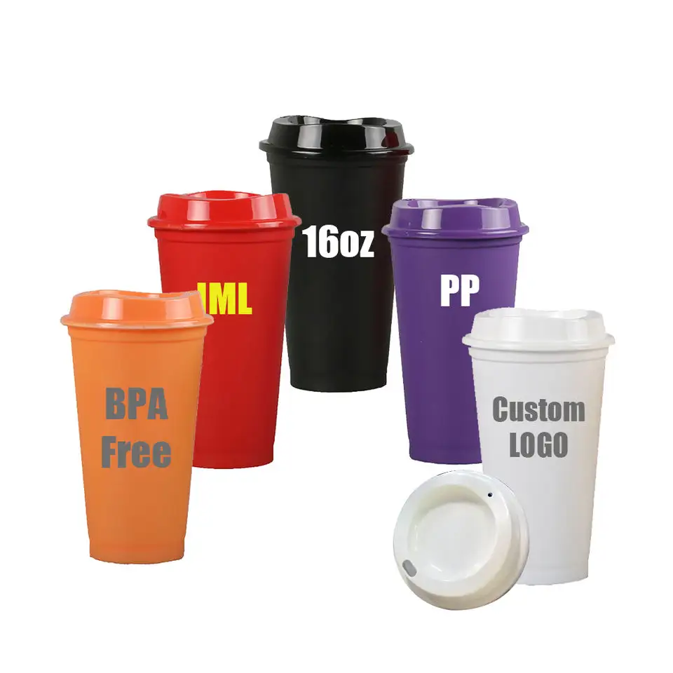 Logo personalizzato bicchiere rigido colorato senza bpa cambia colore 16oz viaggio riusabilità tazza da caffè riutilizzabile in plastica pp con coperchio