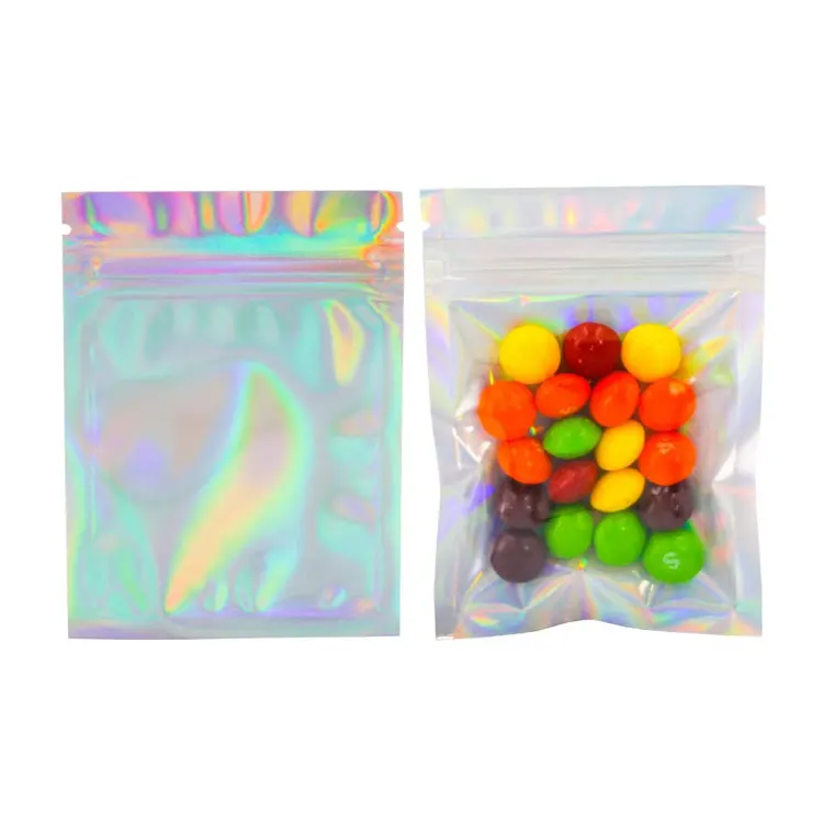 Saco de embalagem para doces, design personalizado holográfico arco-íris transparente saco de alumínio selo de três lados sacos de alumínio comestíveis de plástico
