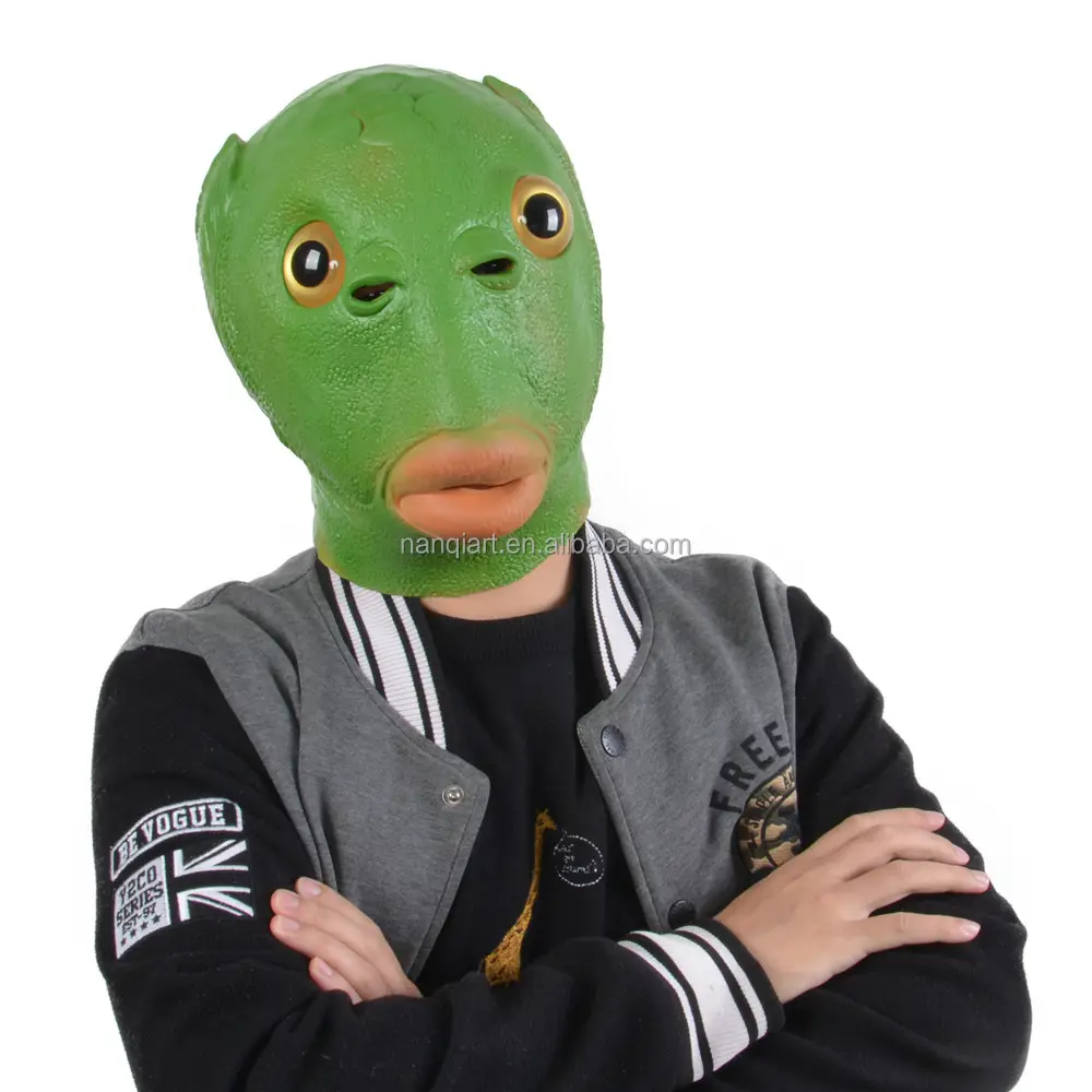 Toptan el yapımı silikon lateks Cosplay maske yetişkin boyutu yeşil balık kafası gerçekçi karikatür hayvan komik promosyon partiler maske
